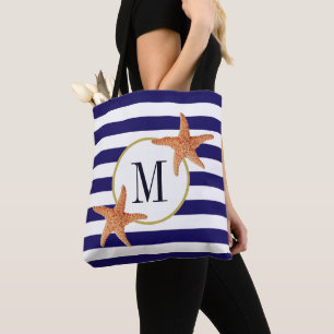 Nautical Navy Blue Strips Starfish Monogram Beach Tasche