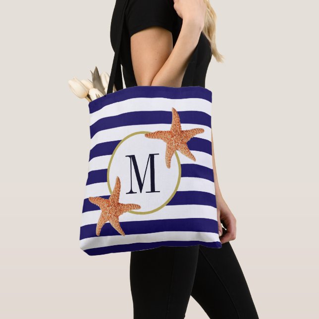 Nautical Navy Blue Strips Starfish Monogram Beach Tasche (Von Nahem)