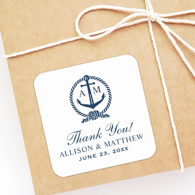 Nautical Navy Blue Wedding Wedding Vielen Dank Quadratischer Aufkleber (Von Creator hochgeladen)