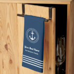 Nautical Navy Blue Welcome Aboard Boat Name Anchor Geschirrtuch<br><div class="desc">Nautical kitchen towel features a simple,  stylish navy blue and white coastal style design with boat anchor accent framed by a round circle rope,  along with horizontal stripes detail. Personalize the custom text with the name of your boat along with her location city and state.</div>