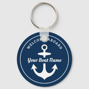 Nautical Navy Blue Welcome Aboard Boat Name Anchor Schlüsselanhänger