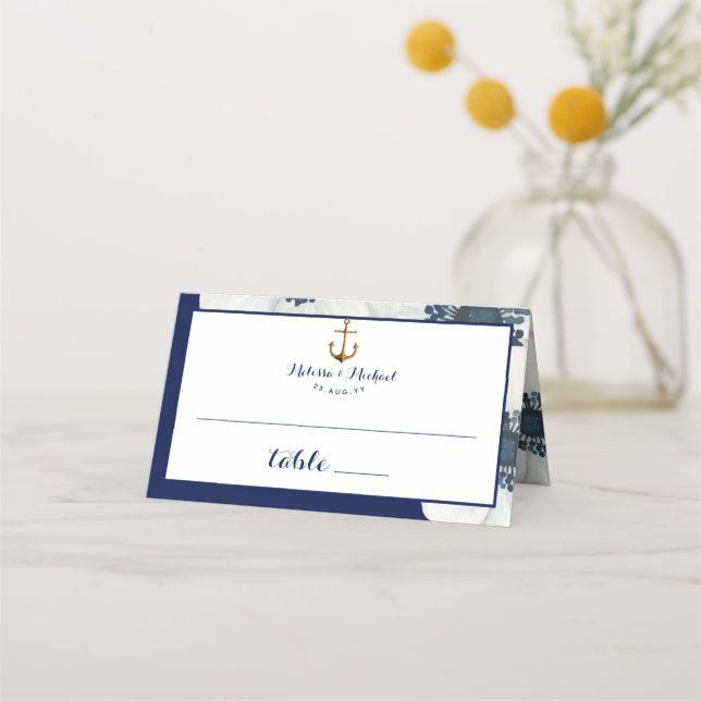 #Nautical Navy Blue & White Anemone Wedding Platzkarte (Vorderseite)