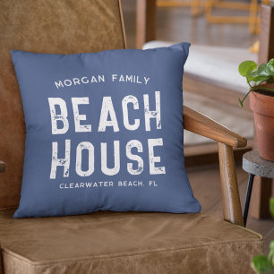 Nautical Navy Blue White Beach House Family Name Kissen