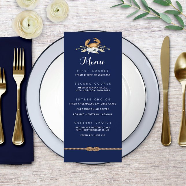 🦀 Nautical Navy Blue & White Coastal Wedding Menu Menükarte (🦀 Nautical Navy Blue & White Coastal Wedding Menu
)