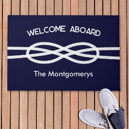 Nautical Navy Blue White Rope Welcome Aboard Fußmatte