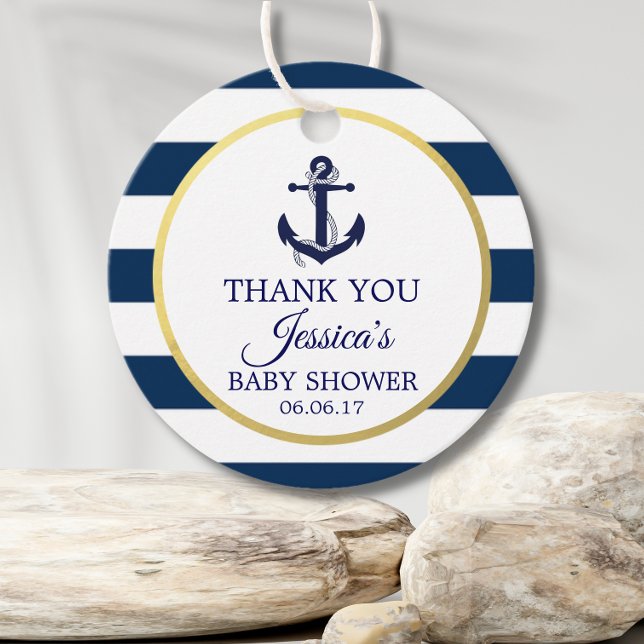 Nautical Navy Blue White Stripes Gold Baby Dusche Geschenkanhänger (Von Creator hochgeladen)