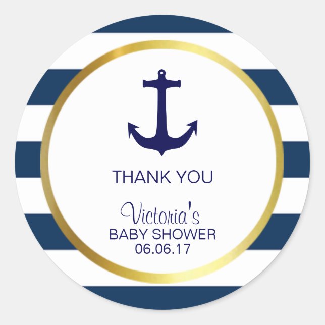 Nautical Navy Blue White Stripes Gold Baby Dusche Runder Aufkleber (Vorderseite)