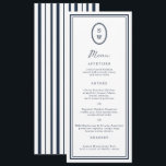Nautical Navy Monogram Long Wedding Menu Card Einladung<br><div class="desc">Nautical Wedding Menu in classic navy and white — a chic coastal reception menu perfect for elegant seaside celebrations. Inspired by timeless Coastal Elegance and yacht-club aesthetics, this navy stripe monogram long menu is ideal for the modern coastal bride who loves refined simplicity. Style with striped table numbers, navy place...</div>