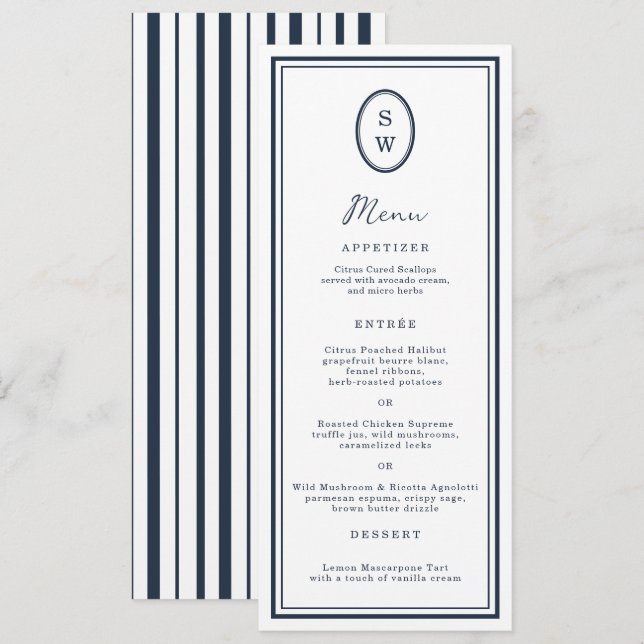 Nautical Navy Monogram Long Wedding Menu Card Einladung (Vorne/Hinten)