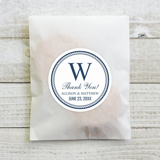 Nautical Navy Rope Wedding Monogram Vielen Dank Runder Aufkleber (Von Creator hochgeladen)