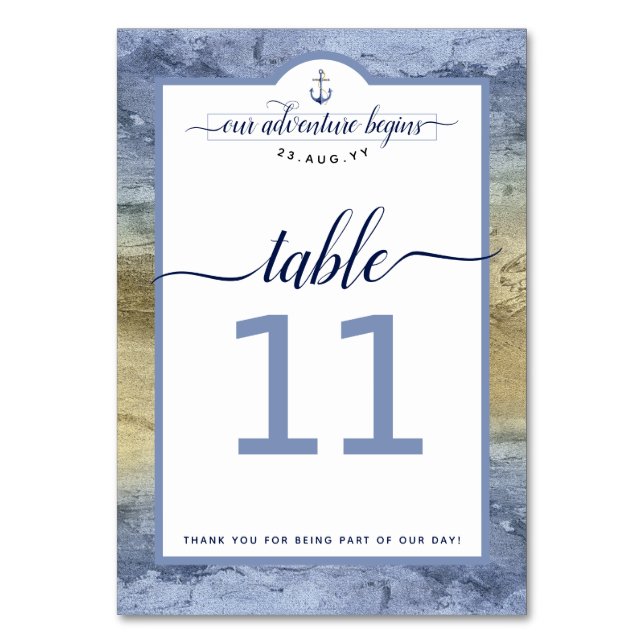 #Nautical Navy Steel Blue & Gold Event #Wedding Tischnummer (Vorderseite)