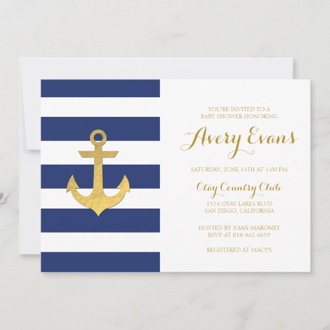 Nautical Navy Stripe Babydusche mit Goldene Ankerv Einladung (Vorderseite)