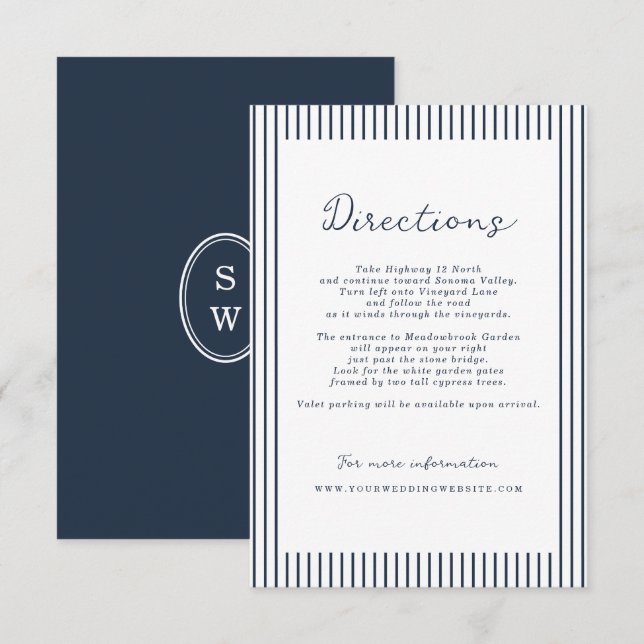 Nautical Navy Stripe Wedding Directions Card Begleitkarte (Vorne/Hinten)