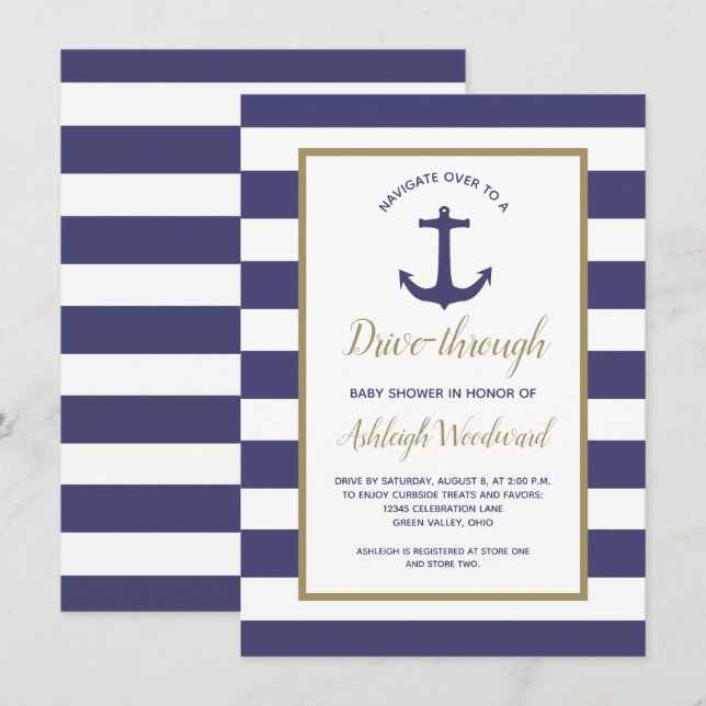 Nautical Navy Stripes Drive-Through-Babydusche Einladung (Vorne/Hinten)
