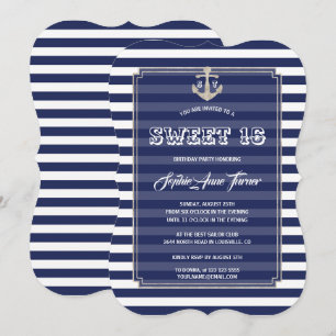 Nautical Navy Stripes Silver Sweet 16 Party Einladung