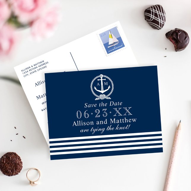 Nautical Navy Wedding Monogram Save the Date Ankündigungspostkarte (Von Creator hochgeladen)