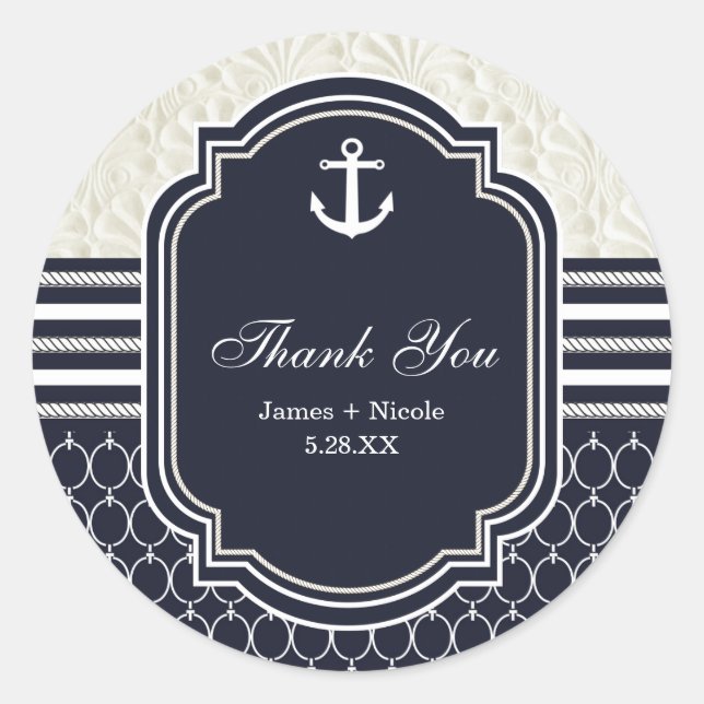 Nautical Navy & White Elegant Beach Hochzeit Runder Aufkleber (Vorderseite)