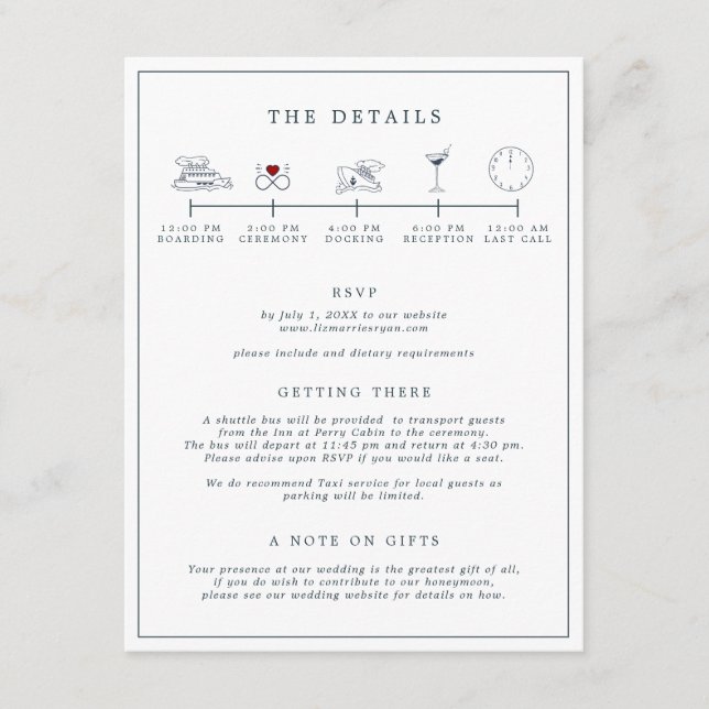 Nautical Navy & White Wedding Itinerary Card Begleitkarte (Vorderseite)