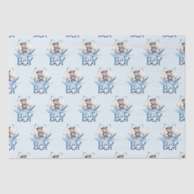 Nautical Niedlich Teddy Bear Blue Boat Es ist ein  Seidenpapier (Vorderseite)