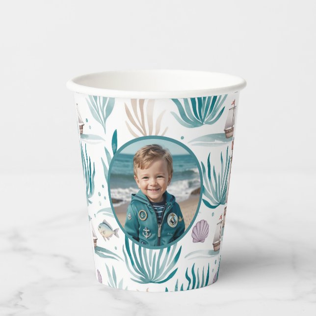 Nautical Ocean Birthday Photo Personalized Pappbecher (Vorderseite)
