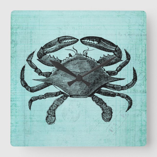 Nautical Ocean Crab Antike Art Teal Paper Design Quadratische Wanduhr (Vorderseite)