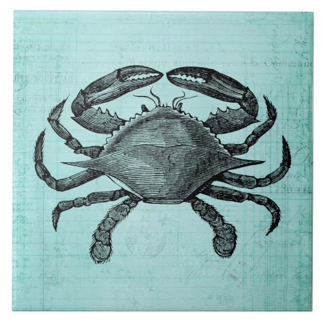 Nautical Ocean Crab Antiquitätenkunst Aquamarines  Fliese (Vorderseite)