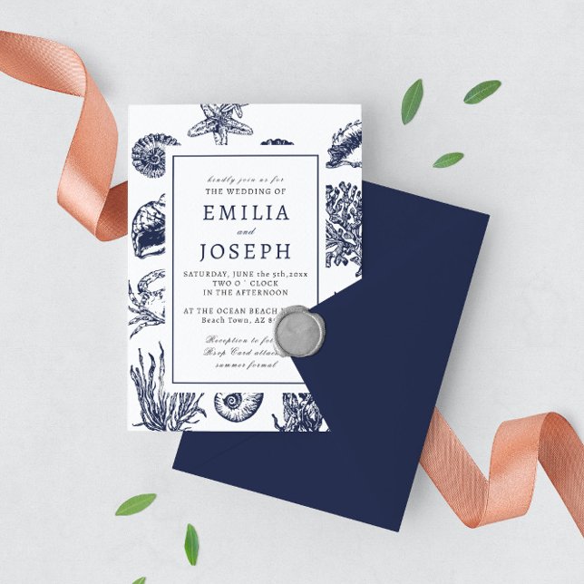 Nautical Oceanic Classic dunkelmeerblau 3 Hochzeit Einladung (Von Creator hochgeladen)