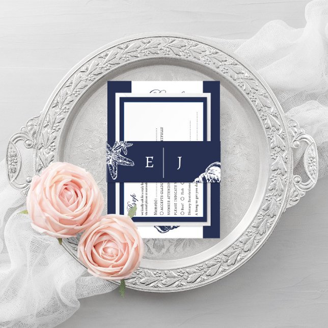 Nautical Oceanic Classic dunkelmeerblaue Hochzeit Einladungsbanderole (Von Creator hochgeladen)