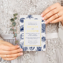 Nautical Oceanic Classic Marine Blue Wedding Gold Folieneinladung