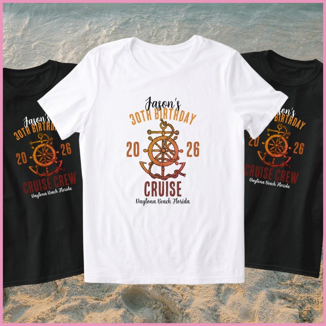 Nautical Orange & White Name 30th Birthday Cruise T-Shirt (Von Creator hochgeladen)