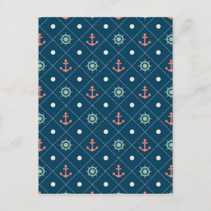 Nautical Pattern Navy Anchor Helm Wheel Sail Postkarte