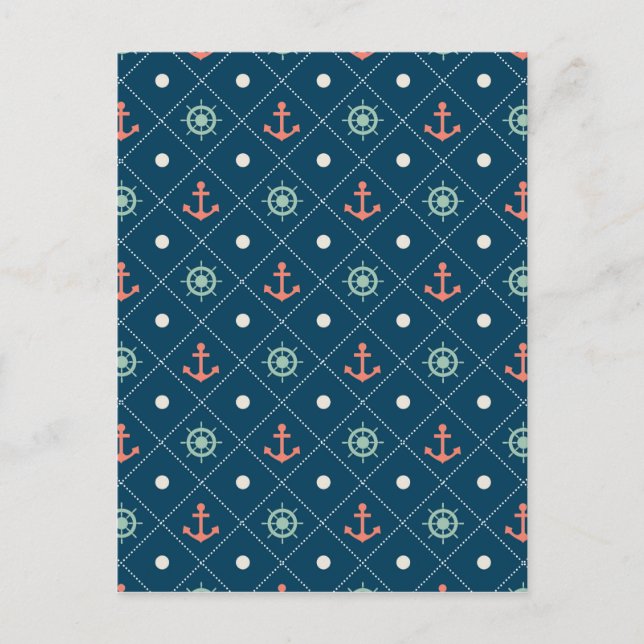 Nautical Pattern Navy Anchor Helm Wheel Sail Postkarte (Vorderseite)