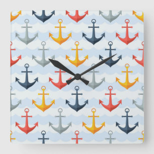 Nautical Pattern with Anchors Quadratische Wanduhr