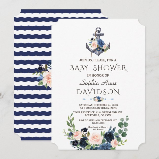 Nautical Pink Blush Blue Floral Anchor Baby Dusche Einladung (Vorne/Hinten)