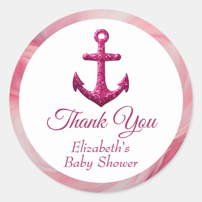 Nautical Pink Sparkle Anchor Baby Dusche Runder Aufkleber (Vorderseite)
