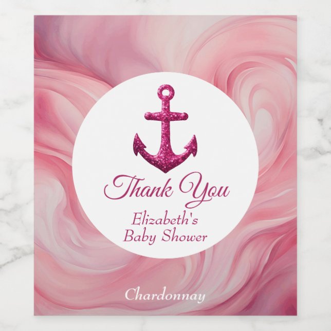 Nautical Pink Sparkle Anchor Baby Dusche Weinetikett (Einzelnes Label)