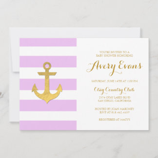 Nautical Pink Stripe Babydusche mit Goldener Anker Einladung