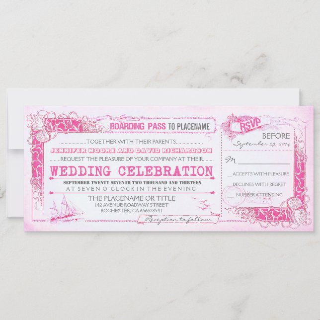 Nautical Pink Wedding Einladung Boarding Pass (Vorderseite)