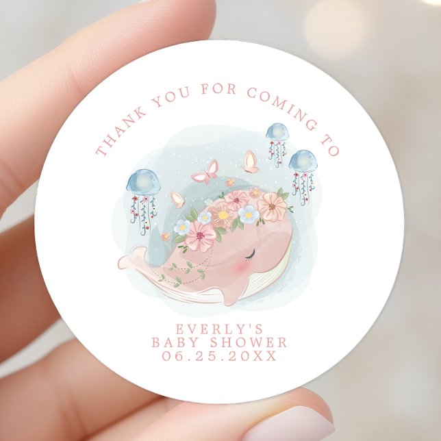 Nautical Pink Whale Jellyfish Babydusche Danke Runder Aufkleber (Von Creator hochgeladen)