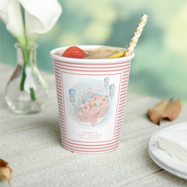 Nautical Pink Whale Jellyfish Girl Baby Dusche Pappbecher (In Situ)