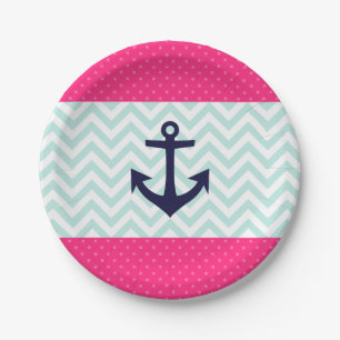 Nautical Pink White Minze Zickzack Ankermuster Pappteller