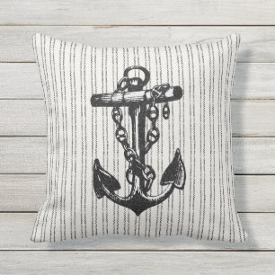 Nautical Pinstrip Anker Schwarzer Außenpilz Kissen