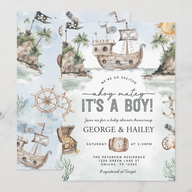 Nautical Pirate Baby Shower Einladung (Vorne/Hinten)