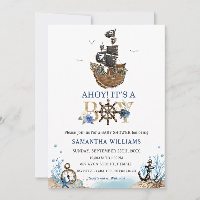Nautical Pirate Ship Ahoy Es ist eine Baby-Dusche Einladung (Vorderseite)