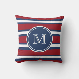 Nautical Red Blue Stripe Monogram Throw Pillow Kissen