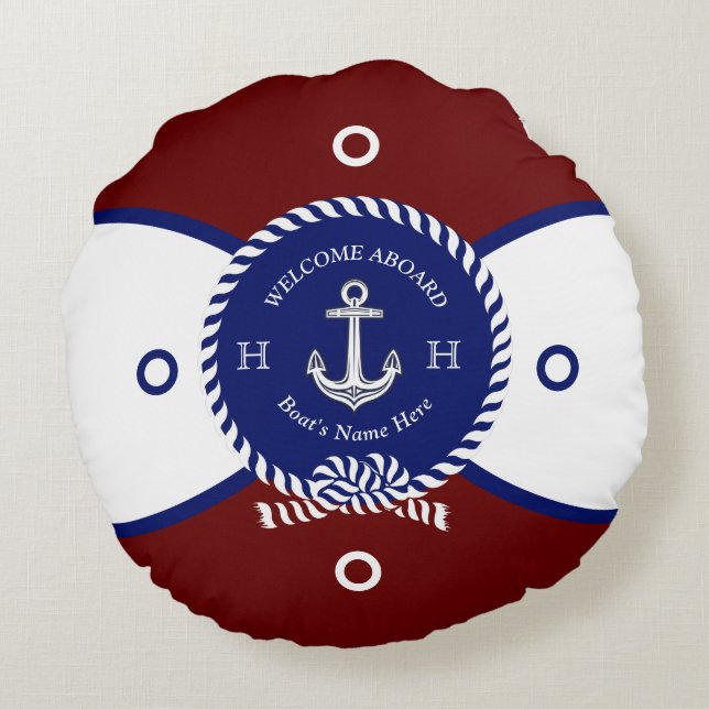 Nautical Red Blue White Anchor Life Ring Rundes Kissen (Rückseite)