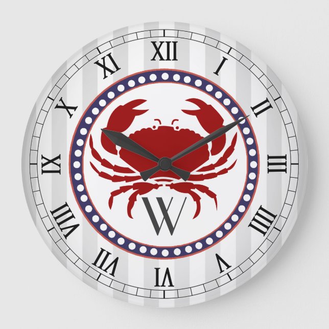 Nautical red crab and grey stripes monogram große wanduhr (Vorderseite)