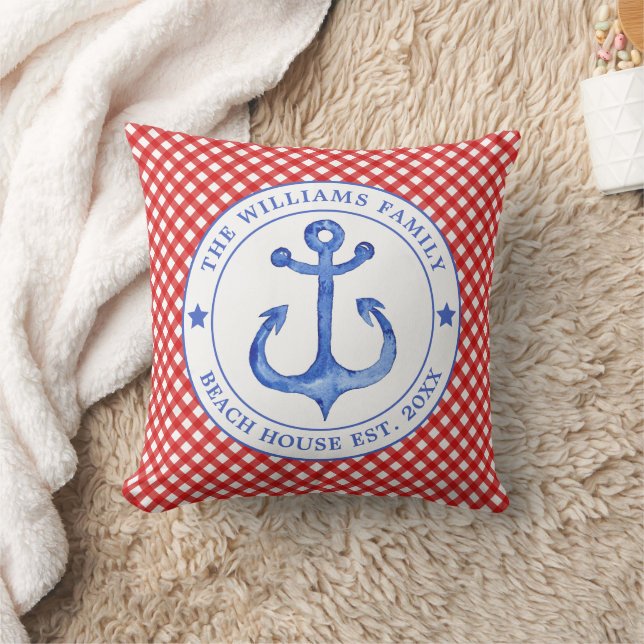 Nautical Red Gingham Pattern - Family Beach House Kissen (Decke)