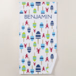 Nautical Red Lobster Buoy Beach House Personalisie Strandtuch<br><div class="desc">Das perfekte Strandtuch für alle Ihre Sommerspass und Küsten Strandbäder. Das Design zeigt Ihren Namen oder Ihr individuelles Set gegen einen roten Hummer und farbenfrohe Hummer Buoy Muster. Ideal für den See,  Ozean,  Boot,  Pool Haus und mehr.</div>