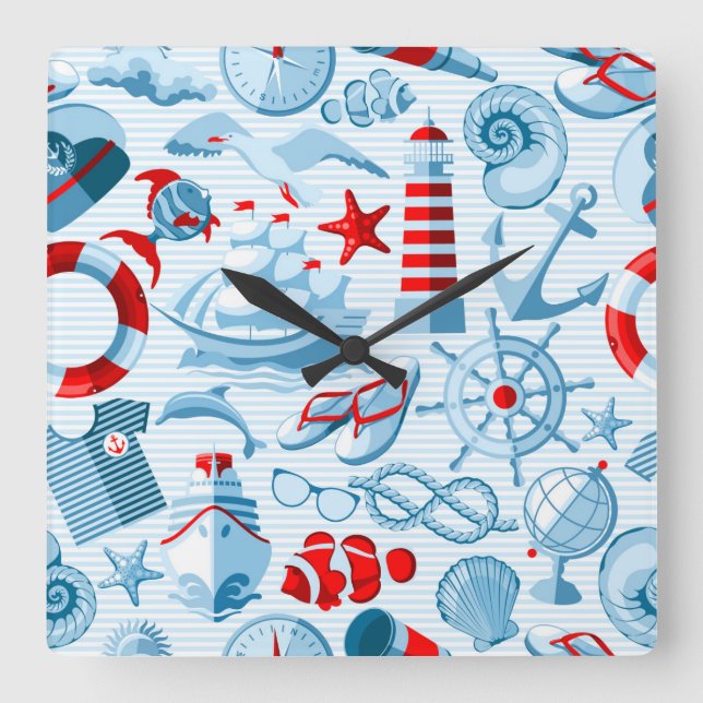 Nautical Red White And Blue Pattern Quadratische Wanduhr (Vorderseite)
